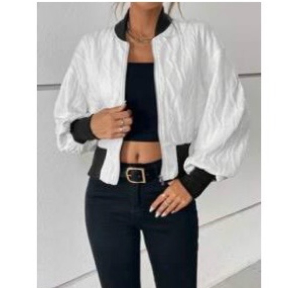 SHEIN White Cropped Bomber Jacket with Black Trim